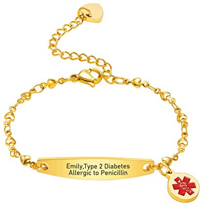 Notfallarmband Medizinisch Damen Personalisiert Uhrenarmband:VNOX Gold Plated Personalisiertes ID Armbänder mit Gravur Verstellbares Medizinischer Armband aus Edelstahl Frauen