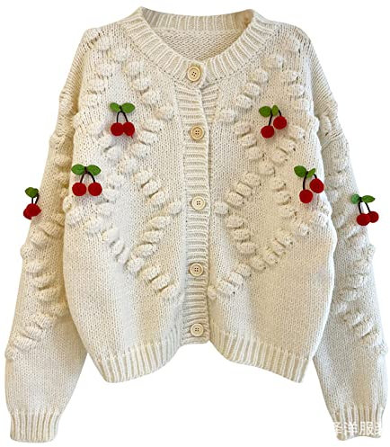 Vintage Red Cherry Button Knit Coat Crop Tunic Long Sleeve Jacket Elegant Open Front Cardigan Soft Thick Autumn Pullover, White, One Size
