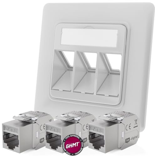 hb-digital Set: toma de red de 3 puertos RAL9003 blanco señal + 3 módulos RJ45 Cat.8 Keystone RJ45 | Enchufe empotrado 3 enchufes LAN RJ45 Ethernet hembra instalación de red 2000 MHz 40 Gbps STP