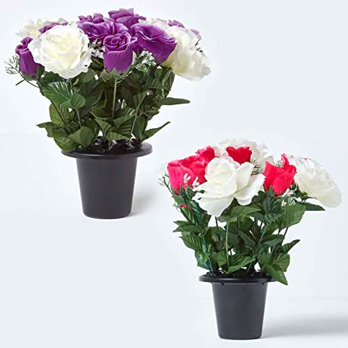 HOMESCAPES Set of 2 Artificial Grave Vases White Pink & Purple Rose Grave Flowers in Black Pot, 30 cm