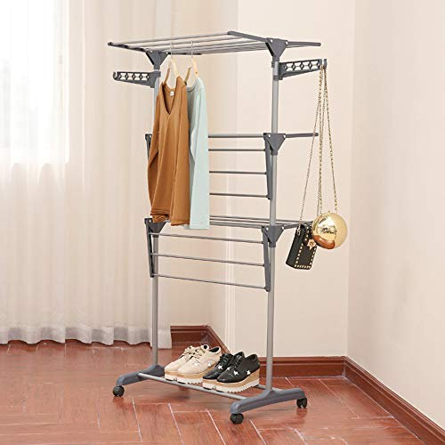 Wäscheständer, Wäschetrockner Turm mit 4 Rollen, Turm-Wäscheständer auf 3 Ebenen für Innen, Platzsparender Standtrockner Wäscheturm mit Faltbaren Flügeln, Drying Rack (Grau,72 * 56 * 152cm)
