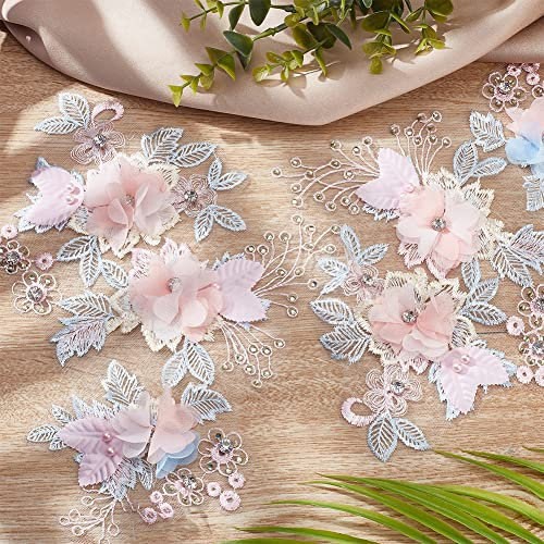 PLIGREAT 4 Stück Blumenn bestickte Spitzenapplikationen, dekorative StoffBlumennspitzenaufnäher, Nähen von Spitzenstoffapplikationen für DIY-Brautkleider Abschlussballkleider Dekoration