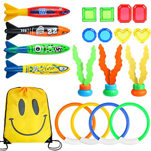 DERAYEE 20pcs Jouets de Plongée,Algues de Plongée,Jouets de torpille,Gemmes Colorées et Anneaux de Plongée,Jouets Natation,Jeux Piscine Enfant