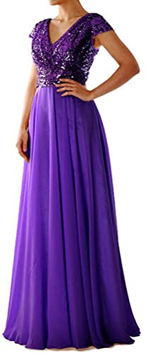 Onsoyours Robe Femme Chic De Soirée Longue Grande Taille Sexy Dos Nu Élégante De Gala Mère De Mariée Col V en Mousseline Applique Plissé N Violet 46