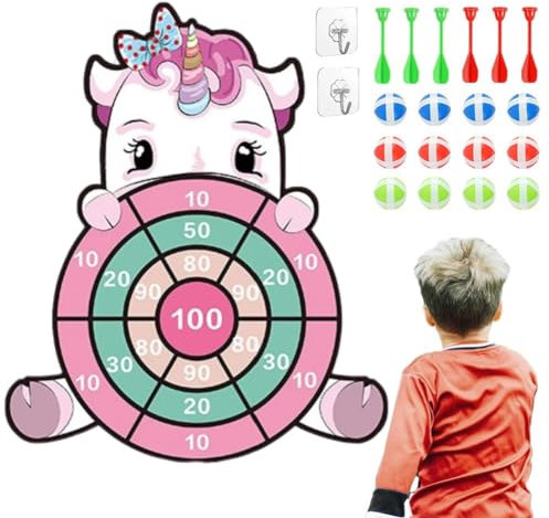 Flintronic Einhorn Spielzeug, 72cm Kinder Klett Dartscheibe Drinnen und Draußen, Hängendes Dart Wurfspiel Sets mit 12 Klebrigen Bällen und 6 Klebrige Darts, Geburtstags Geschenke für Kinder 3–12
