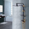 Duschsystem mit Thermostat Mischbatterie, Duscharmatur Duschset Regendusche mit 3 Funktion Handbrause und Überkopfbrause, Verstellbarer Duschstange, Schwarzgoldenes Duschset mit Regal