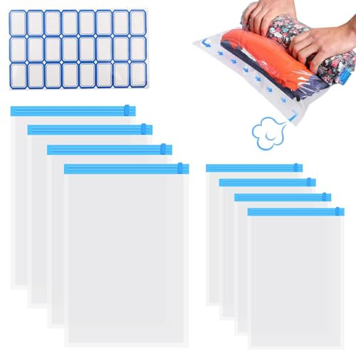 ZOCONE 8 Stück Vakuumbeutel für Kleidung Reise Groß Kompressionsbeutel Reise zum Rollen 2 Größen Vakuum Kleiderbeutel Reise mit Etiketten Dicht Vacuum Bags Kleidung Organizer für Koffer Kleiderschrank