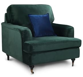 Elegant Bottle Green Armchair / Single Sofa Chair for Living Room - Large Velvet Chairs with Antique Brass Castor Feet, High Back Armchair for Bedroom, Reading, Lounge, Green Chair with Arms - ASTBURY