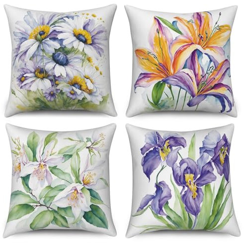 ASDCXZ Blumen Kissenbezug 50x50 cm 4er Set, Frühling Aquarell Lila Weiß Blumen Grün Blätter Sofa Dekokissen Kissenbezüge Kissenhülle Waschbar Polyester Textil Outdoor Kopfkissenbezug Kissen Bezug