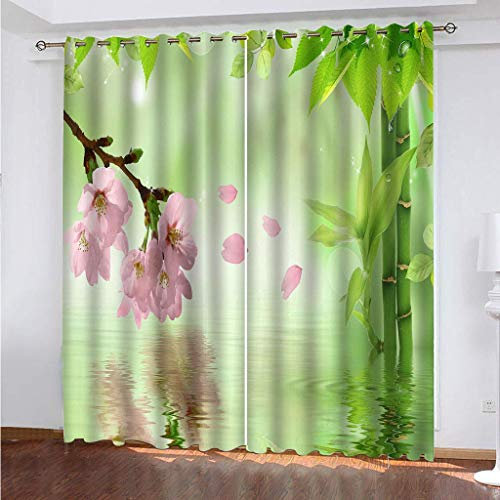 Blickdichte Vorhänge Mit Motiv 3D Rosa Blume Bambusblatt Kinder Gardinen Blickdicht Ösen Gardine Thermo 264x214 cm Schlafzimmer Kinderzimmer Vorhänge Dekoratives Muster, Verdunklungsvorhänge
