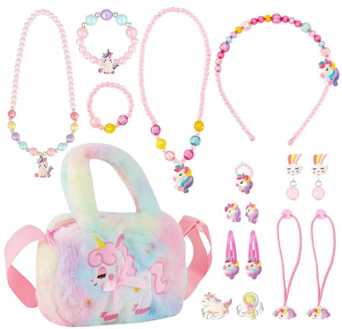 DALAETUS 17 Stück Einhorn Handtasche Geschenk für Mädchen, Einhörnern Kinderschmuck Halskette, Armband, Ring, Haarspange, Einhorn Handtasche Schmuck Set, Rollenspiel Geburtstagsgeschenk