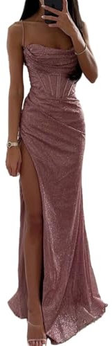 shownicer Abito da Donna Senza Maniche Scollo V Paillettes Vestito con Spacco Elegante Maxi Abito Lungo da Sera Cerimonia Cocktail Nozze Festa C Rosa S
