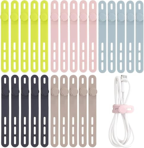 Oligei Silicone Cable Ties, 25 Pcs, High Elasticity, Reusable, Cord Wrap, Cord Organizer for Electronics, Cord Length 4.7 inches, Colors: Black, Green, Khaki, Blue, Pink