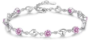 comvastars Argento DonnaBracciale DonnaArgentoBraccialetti di cristallo Bracciale Donna Argento a Cuore Regolabile Regali di compleanno e Natale per lei Viene fornito con una scatola regalo(rosa)