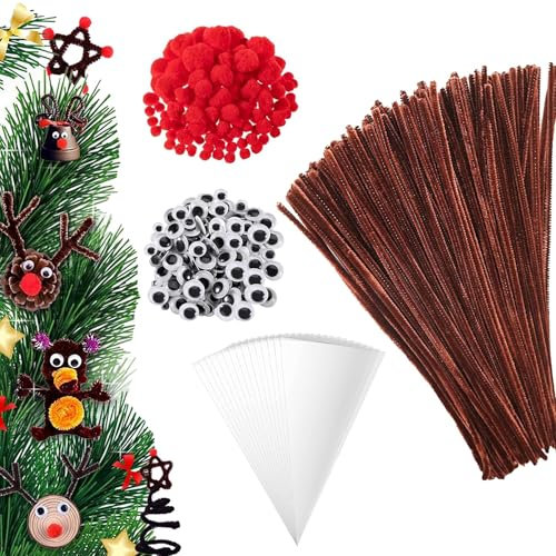 OUQIWEN 500 Stück Braune Pfeifenreiniger Set,Weihnachten Pfeifenreiniger Chenilledraht mit Süßigkeitentüte,Rote Pom Poms,Selbstklebend Bastelaugen,Für DIY Weihnachten Handgemacht