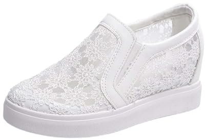 Zapatillas de cuña para mujer | Zapatos sin cordones para mujer, de ajuste ancho, de malla, de corte alto, con encaje floral, con tacón de cuña hueco, zapatos de plataforma bordados, zapatos