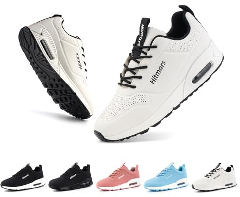 Hitmars Chaussures de Running Femme Chaussures de Sport Chaussure de Course Basse Légères Respirant Lacets Antidérapant PU Coussin d'air Blanc EU40