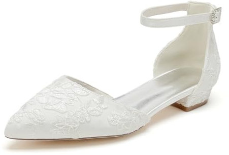 smlekwc Women's Closed Pointed Toe Lace Bridal Shoes Ankle Strap Wedding Dress Shoes Comfort Flat Heel Ballet Pumps,Ivory,3 UK
