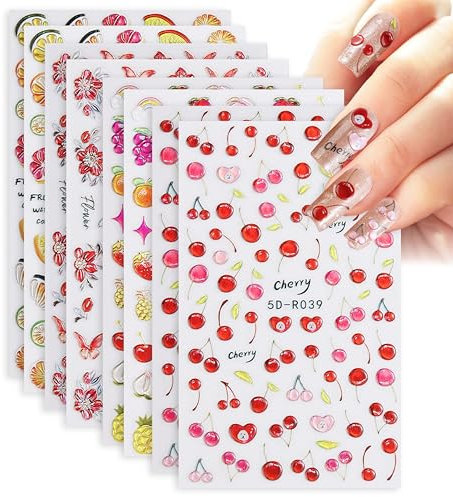 8 Pieces Of Three-Dimensional Nail Stickers, Fruit Nail Stickers, Cherry Nail Stickers, Summer Nail Stickers, Beach Nail Art Stickers, Beauty Nail Stickers, Nail Stickers For Nail Art