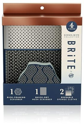 Brite by Scotch-Brite Scrub and Wipe Collection with 1 Rich-Foaming Dish Scrubber, 1 Quick-Dry Mesh Scrubber, and 2 Reusable Sponge Cloths