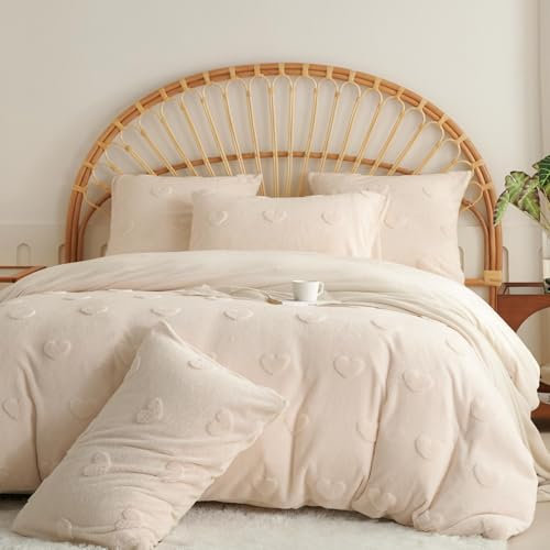 Tospass Plüsch Bettwäsche Set 220x240cm Beige Getuftet Herz Coral Fleece Flauschig Deckenbezug Flanell Cashmere Touch Warme Winterbettwäsche Bettbezug mit Reißverschluss und 2 Kissenbezug 80x80cm