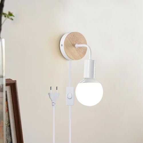 Applique Murale Avec Interrupteur Marche Et Prise, lampe de chevet murale Moderne, Applique Murale Intérieur Bois Métal Vintage pour Chambre, Salon, Couloir (Blanc)