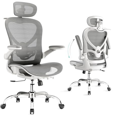 LarkLeaves Sedia Ufficio Ergonomicacon Braccioli Reclinabili 90°, Sedia da Scrivania con Supporto Lombare 2D Regolabile, Schienale in Rete Mesh, Poggiatesta 3D, Inclinazione 125°, Grigio
