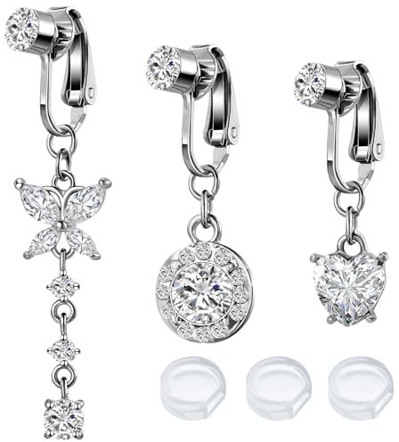 Livdouyu 3 Stück Fake Bauchnabelpiercing mit Silikon Pads, Clip Bauchnabelpiercing Chirurgenstahl Fake Bauchnabel Piercing Ring Schmetterling Herz Anhänger Non Pierced Schmuck
