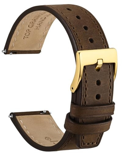 WOCCI 18mm Elite Uhrenarmband, Top Grain Leder, Schnellverschluss, Goldener Schnalle (Dunkelbraun)