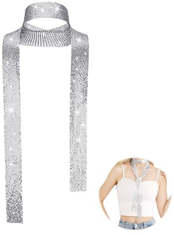Siliget Sparkling Metallic Scarf, Silver Metal Sequins Scarf, Skinny Long Neckerchief for Women, Costume Accessories for Girls Evening Party Wedding