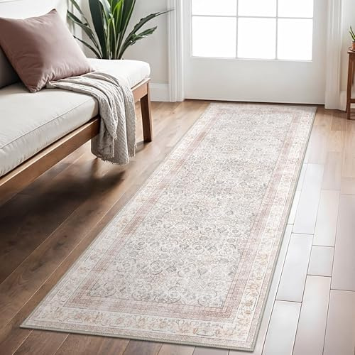 BEIMO Vintage Waschbarer Teppich Läufer Flur 60x150cm Hellbeige | Boho Orientalisch Wohnzimmerteppich, Weicher Kurzflor Klein Carpet mit Rutschfester für Eingang, Bettvorleger Schlafzimmer
