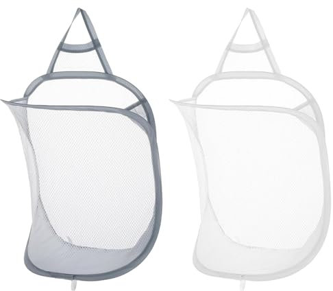 TRKETK 2 Stück Hängender Wäschekorb, Wand-Wäschekörbe Faltbarer Mesh Laundry Basket Aufbewahrungskorb auf die Lagerung Pop-Up-Mesh Wäschekorb für Zuhause, Hotel, Reisen, Camping (Weiß + Grau)