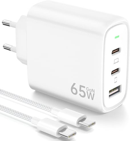 65W Chargeur USB C Rapide avec GaN Technologie, 3-Ports PD & QC3.0 Chargeur Prise avec Câble USB C 2M Compatible pour iPhone 16 Pro/15 Plus, pour Galaxy S24/23/S22, pour MacBook Pro/Air, etc