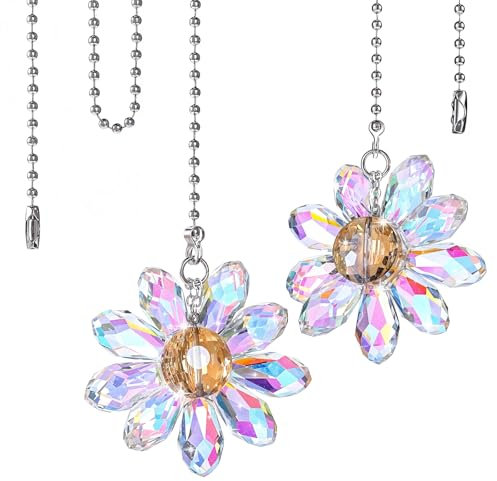 2Pcs Crystal Light Pull Chain Extension, 1.8 Crystal Glass Flower Pendant with 63cm Ceiling Fan Chain Extender and Connector, Rainbow Fan Pull Decorative for Bathroom Toilet Light Ceiling