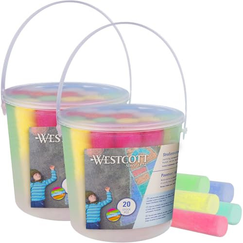 Westcott Straßenmalkreide (2er Set) | 20 Stück bunte Straßenkreide für Kinder im praktischen Transporteimer | leicht abwaschbar | geeignet für Asphalt, Tafel oder Stein | E-744981 00