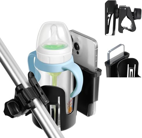 Joxodak Stroller Cup Holder with Phone Holder, Upgraded 360° Rotatable Dual-Fixing Clamp, 2-in-1 Cup and Phone Holder for Uppababy, Nuna, Doona, Jogger, Stroller, Bike, Wheelchair, Walker, Scooter