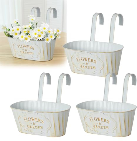 Macetas colgantes ovaladas de metal para interiores y exteriores, macetas colgantes de valla para barandilla, balcón, jardín, decoración del hogar con gancho desmontable (3, blanco)