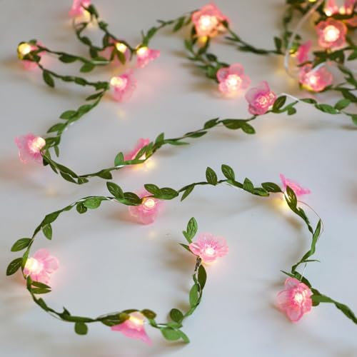 himmel Blumenlichterkette Reben mit Lichterkette, 30 LED Kupferdraht mit Fernbedienung Batteriebetriebene Blumengirlande Blatt für Schlafzimmer, Wand, Weihnachtsdekorationen (Kirschblüte)