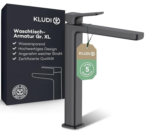 KLUDI-X3 Waschtischarmatur hoch, Auslaufhöhe 240 mm, wassersparender Wasserhahn Bad Schwarz Matt Größe XL, Keramikkartusche, Mischbatterie Waschbecken inkl. Anschlussschläuche