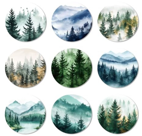 ANATTASOUL Untersetzer Holz Rund, 9 Stück Aquarell Wald Berg Holzuntersetzer Wiederverwendbare Holz Rund Untersetzer, Tasse Coaster Mat für Zuhause Büro und Bar Tischdeko Sommer