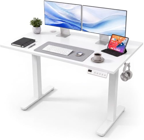 Claiks Electric Standing Desk 120x60cm Height Adjustable Desk with 3 Memory Presets & Sit Stand Reminder, Quiet Home Office Computer Desk with LED Display, Cable Holes & Hooks, White