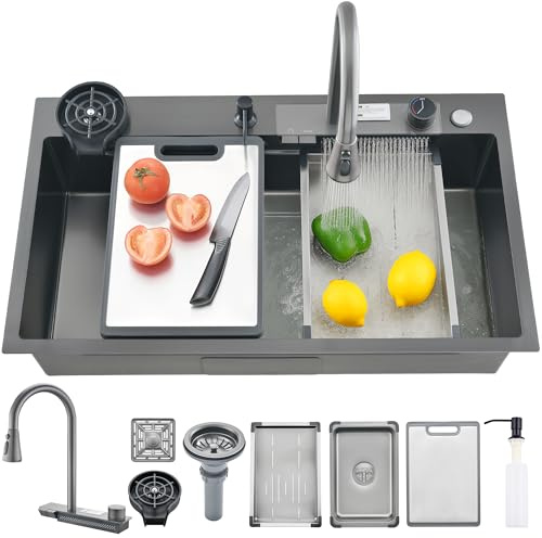 Ribanedy lavello cucina multifunzione a cascata, 86 x 46 cm, lavandino cucina 1 vasca in acciaio inox con rubinetto estraibile, lava bicchieri e accessori