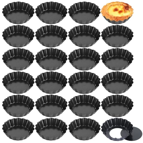 LOLYSIC 24PCS Mini Tart Tins 3 Inch Non Stick Small Egg Tart Molds Carbon Steel Mini Tartlet Moulds Reusable Mini Tartlet Tins Case Fluted Quiche Dish for Baking Cupcake Pudding Muffin Mince Pie