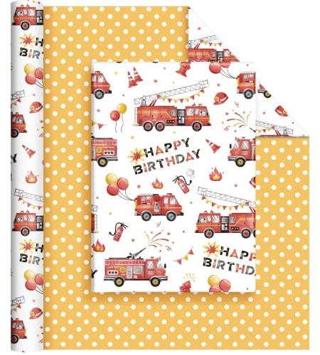 WERNNSAI 1 Rolle Feuerwehr Geschenkpapier 10m x 43cm Papier Deko | Feuerwehrauto Geburtstagsparty Feuerwehr Deko Bagger Geschenkverpackung für Kinder Junge Babyparty
