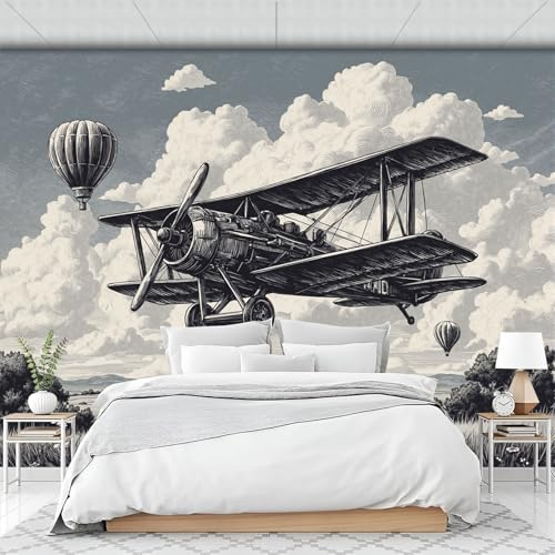 ZISTRCBAO Flugzeug Fliegt Über Felder Wandbild Wanddekoration, 350x256cm Panorama Poster Wandbild Tapete Retro-Illustrationsstil, Grau Seide Wandtapete Für Kinderzimmer Babyzimmer Dekoration
