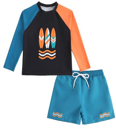 Boys Swimming Costume Long Sleeve Rash Vest Set 1-6 Years, UPF Kids Swimming Costume with Swim Top and Swimming Shorts for Toddler Boy