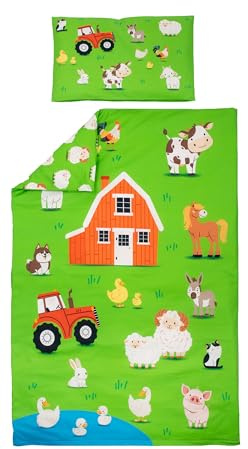 TAMEOLIE Kinderbettwäsche 100x135cm & 40x60cm, Baumwolle, Wendemotiv Bauernhof/Farm, 100% Baumwolle Öko Tex Standard, Bauer/Landwirt Bettwäsche Jungen, Kinder Baby Kleinkind Bettwäsche-Set