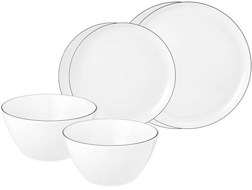Seltmann Weiden Basic-Set Lido Black Line 6-teilig, Runde Form, Starter-Set aus Tellern und Schalen für 2 Personen, Geschirr mit schwarzem Rand, Porzellan, Spülmaschinenfest, Weiß