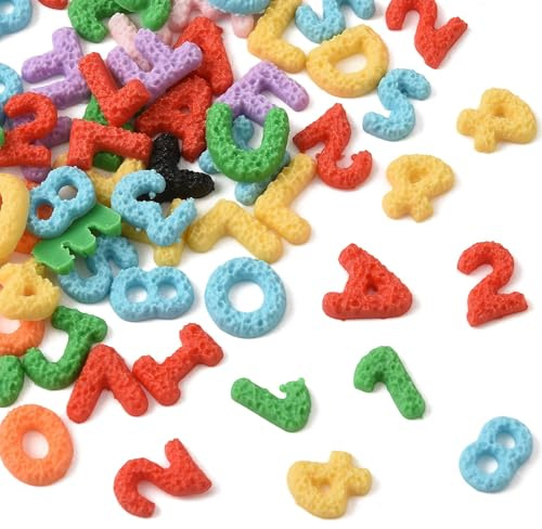 Stiesy 200Pcs Resin Alphabet Flatback Cabochons, Number Letter Slime Charms for Jewelry Making Phone Hair Case Embellishment Decoration Accessories