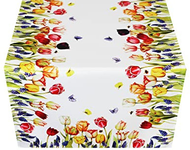 KAMACA Tischläufer Frühling Sommer Bunt Blumen Waschbar Küche Esstisch Dekor waschbare Tisch Dekoration ganzjährig (40x140 Tulpen und Schmetterlinge)